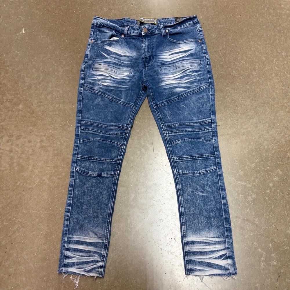 Denim & Rivets Mens 34 Acid Wash Blue Moto Biker Slim Fit Jeans DR9183